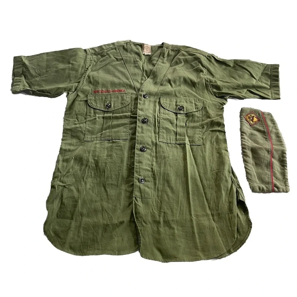 Boy Scouts Of America 60s Green SS Uniform Shirt & Garrison Cap Fits As Youth XL